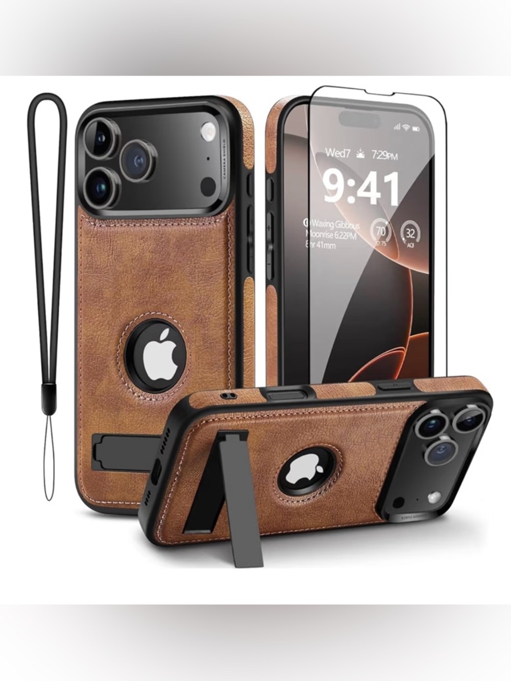 New Leather Wallet Kickstand Phone Case with Screen Protector - Brown